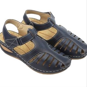 Women's Summer Beach Blue Wedge Sandals Bohemian FlipFlops Ankle Strap Size 9